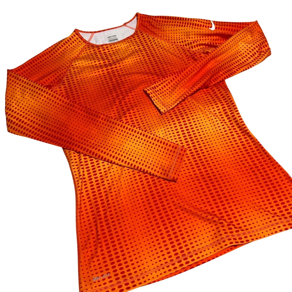 Nike Pro Long Sleeve Top Womens Large Orange Polka Dot Dri-Fit Thumbholes